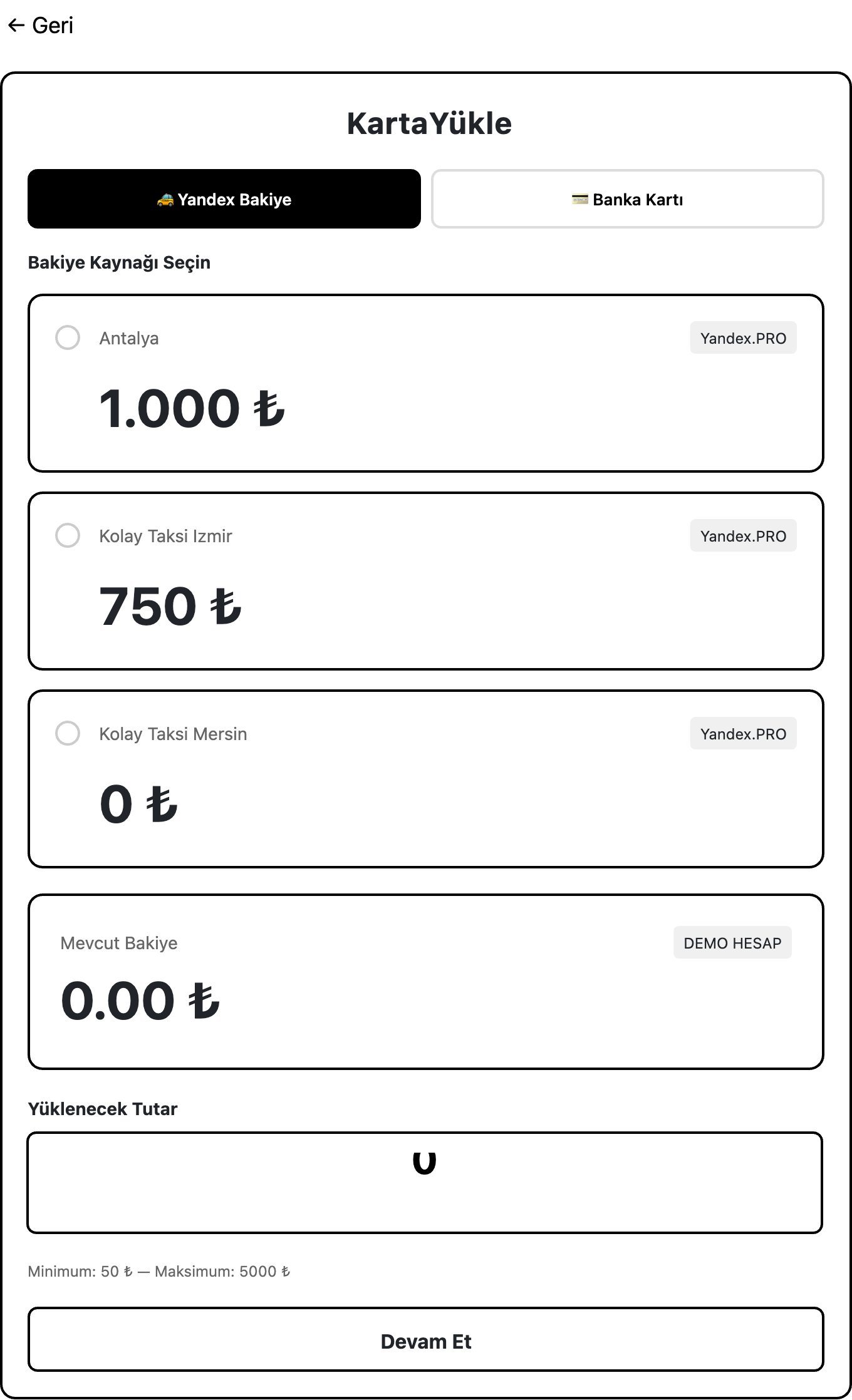 Bakiye Kaynağı Seçin + Yüklenecek Tutar ekranı